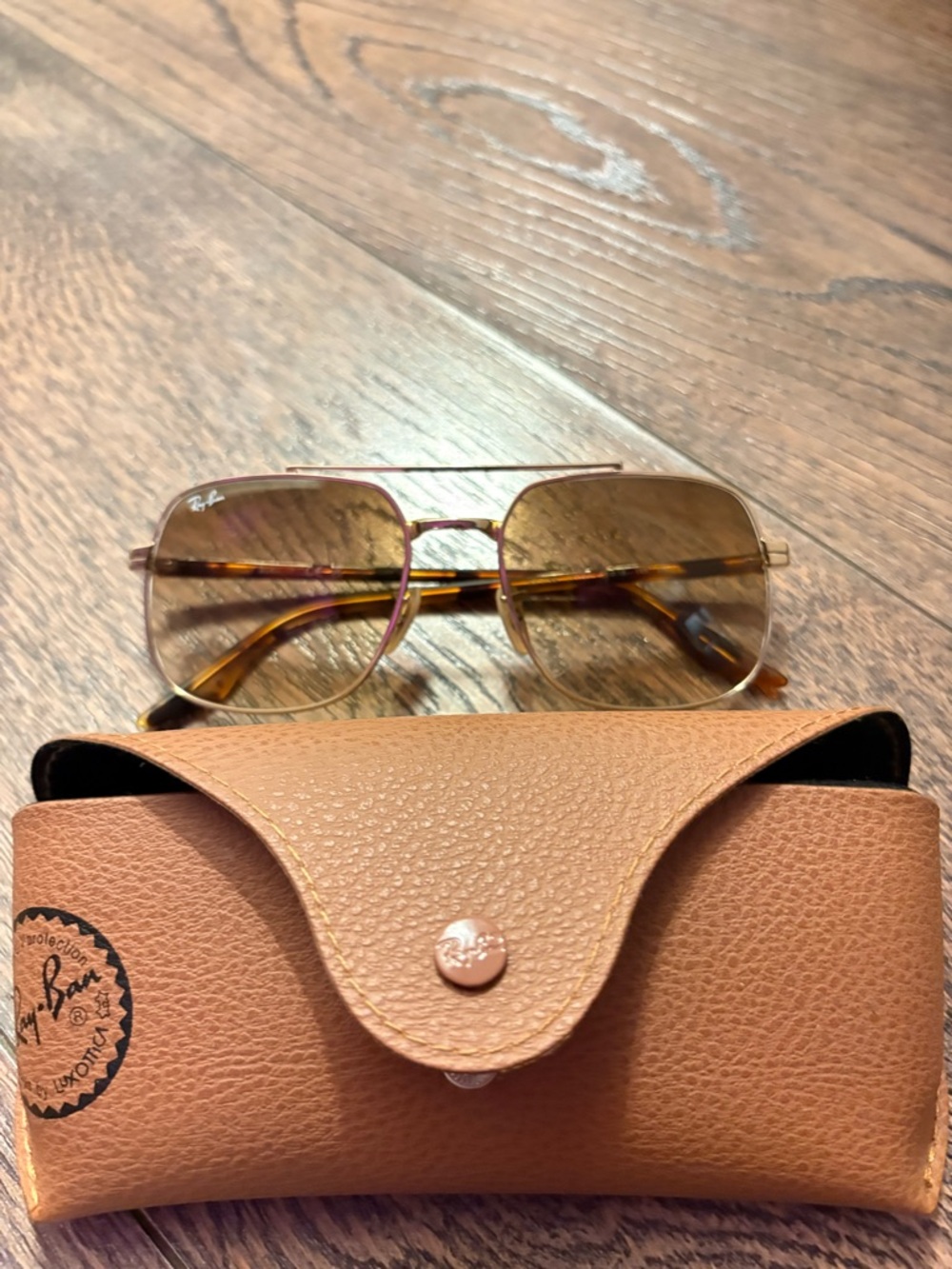 Ray-Ban Gold Frame Sunglasses with Tortoise Temples and Brown Lenses